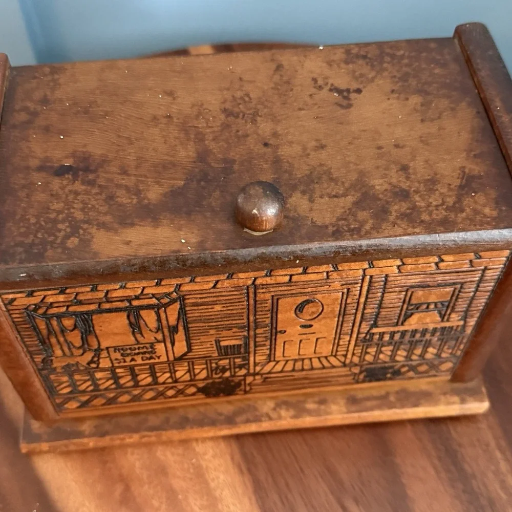 Vintage Wood Recipe Box Folk Art General Store Engraved Rustic Kitchen Decor